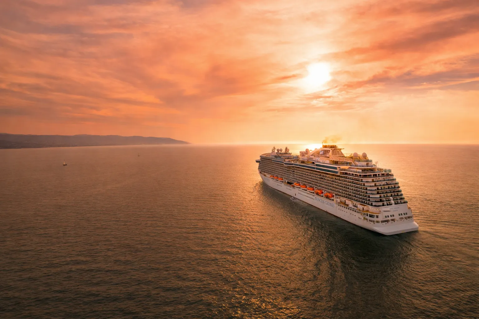 Cruise ship sailing at sunset on the open ocean