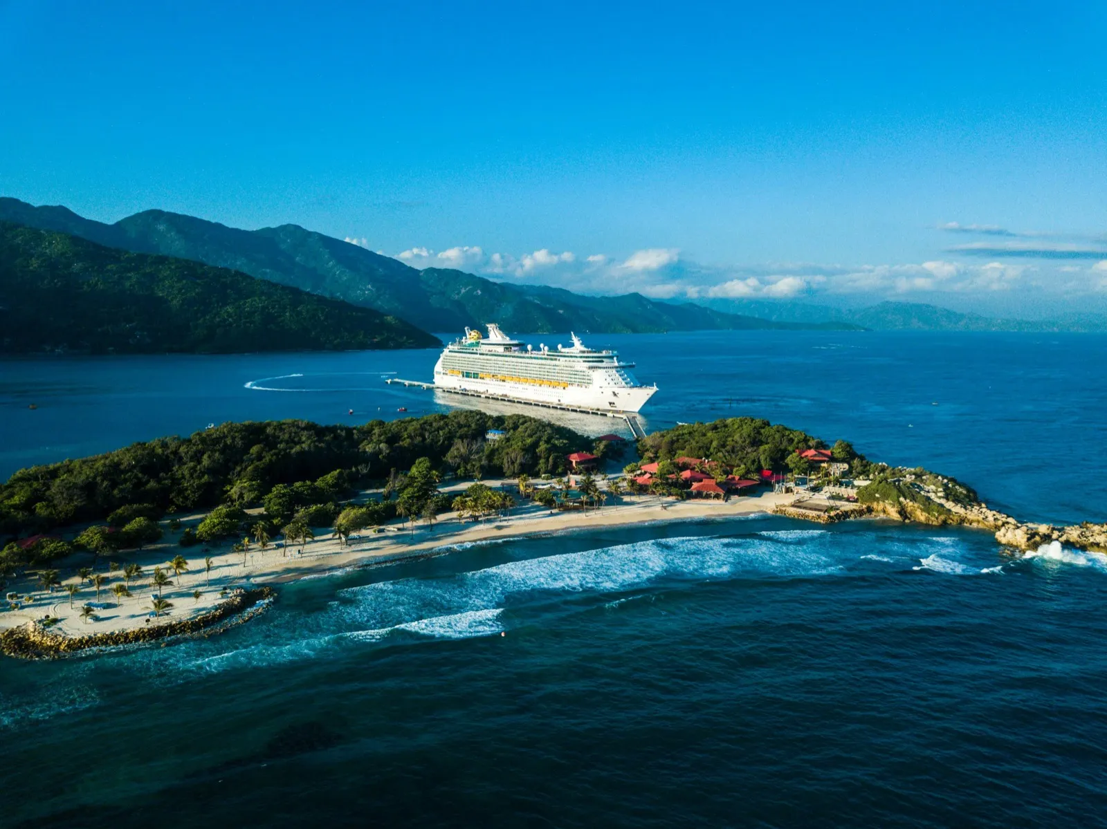 Luxury cruise ship aerial view at sea